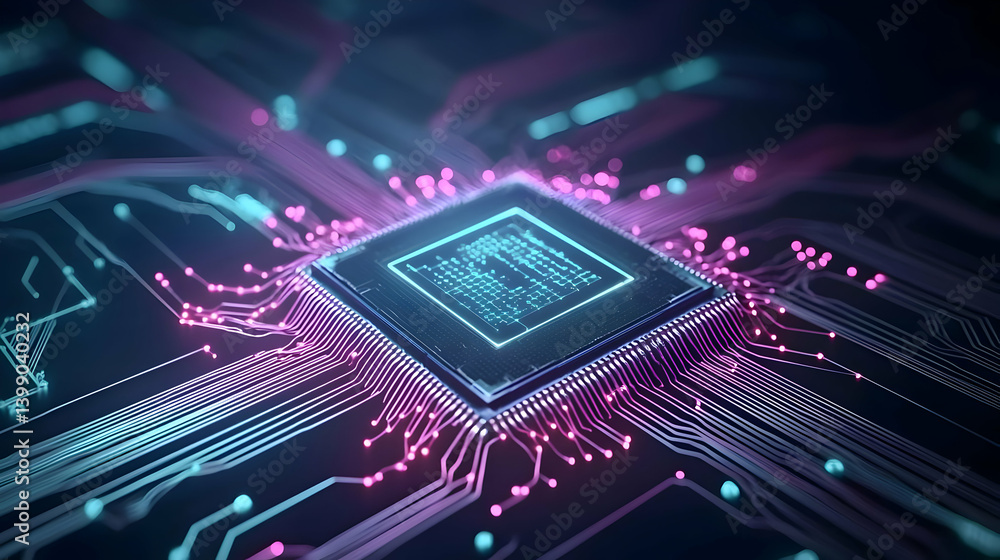 Poster glowing processor chip on circuit board