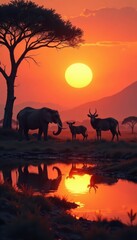 Animals gathering at a watering hole at sunset, evening light, waterhole