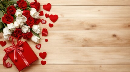 Naklejka premium Romantic Bouquet with Gift Bag on Wooden Surface