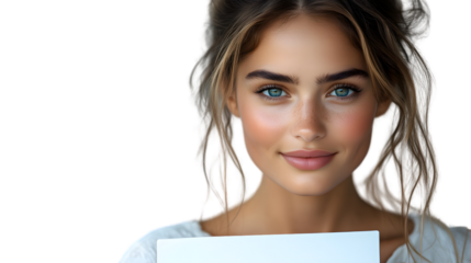 A woman with a soft smile holding a blank paper perfect for education communication and per