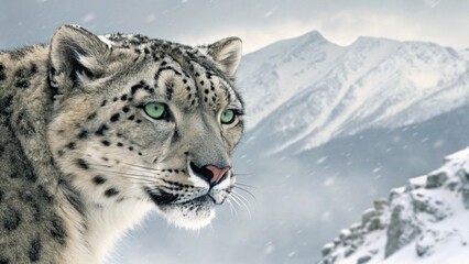Obraz premium A close-up portrait of a snow leopard against a snowy mountain backdrop. 