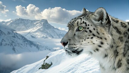 Obraz premium Snow leopard face, highlighting the eyes and winter environment. 