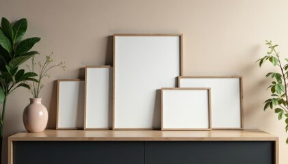 A row of blank photo frames arranged on a sleek console table, console table, gallery wall