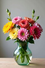 arrangement of colorful blooms in glass vase , , glass