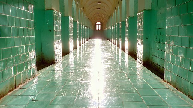 Sunlit corridor with aged mint green tiles