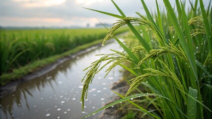 Fototapeta premium rice paddy field , in morning , village in Asia