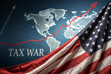 usa flag on world map with  red chart arrow