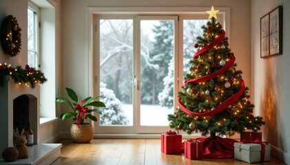 Beautifully decorated Christmas tree with garland and ribbons in a modern home, table centerpiece, coffee table
