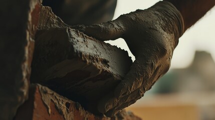 A Hispanic construction worker applying mortar to brick. Featuring skill and craftsmanship