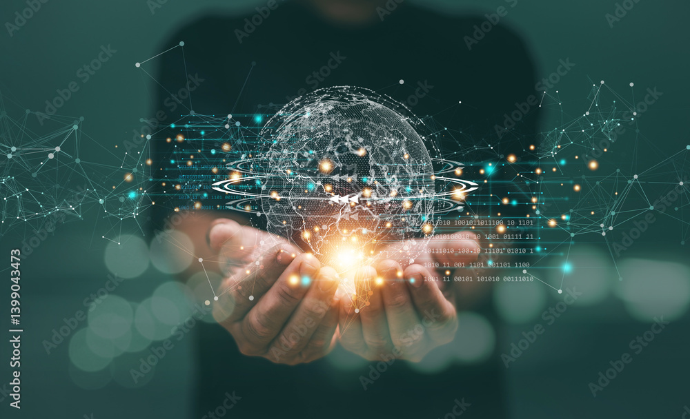 Poster Digital link tech, Businessman holding global technology and media digital network connection, Media and Data Connection Concept, Big data analytics and business intelligence. Social media network.