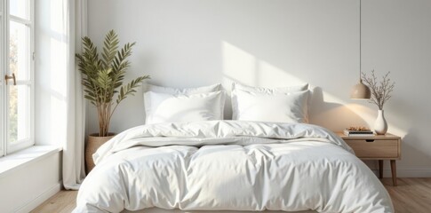 Bed with white linens and pillows in a minimalist Scandinavian bedroom, pillow, Scandinavian