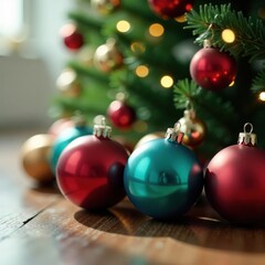 Close-up of glossy glass baubles scattered around a beautifully decorated Christmas tree with blurry shining lights, holiday, ornaments