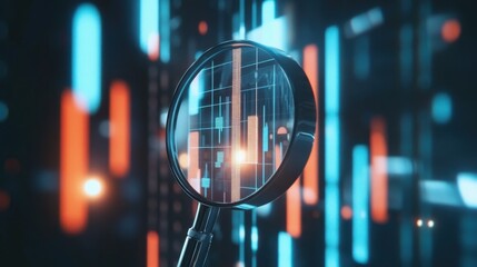 Close-up of magnifying glass highlighting bar chart data on financial paper with gridlines