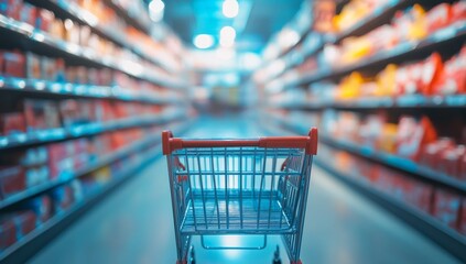 Empty shopping cart in a supermarket aisle (3)