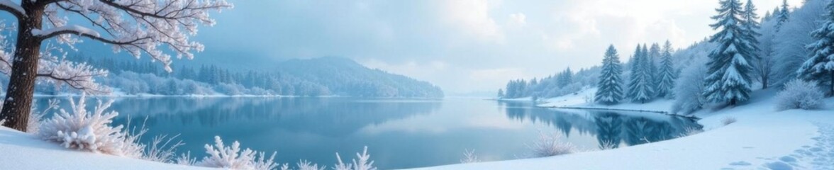 Delicate snowflake border surrounding a serene winter landscape with frosty trees and a frozen lake, frosty trees, snowy scenery, cold weather