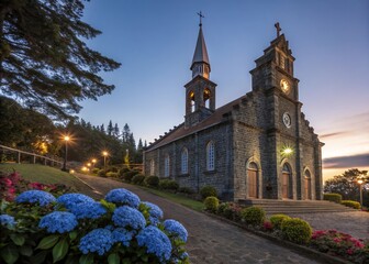 stone church with hydrangeas