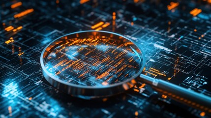 Graphs and numerical data with a circular magnifying glass zooming on a key metric