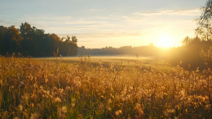 Golden Sunrise Over Dewy Meadow