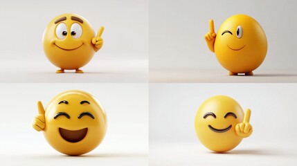 Fototapeta premium Four 3D emoji characters with different expressions, pointing up.