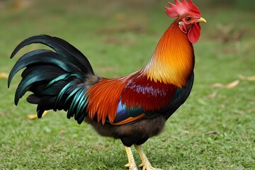 Vibrant Rooster in Lush Green Grassland