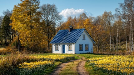 Obraz premium Charming White House Surrounded by Vibrant Yellow Flowers in Autumn