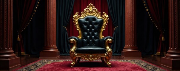 Golden throne with black velvet drapes and ornate details, luxury, palace