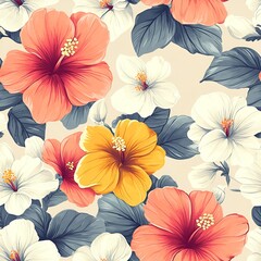 hibiscus flowers seamless pattern. red and white flower. Generative AI