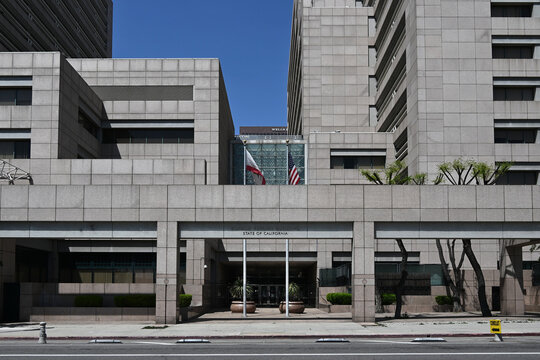 LOS ANGELES, CALIFORNIA - 7 APR 2025: The Ronald Reagan State Building is a government office complex located in the Civic Center, and is known for its postmodern architectural style.