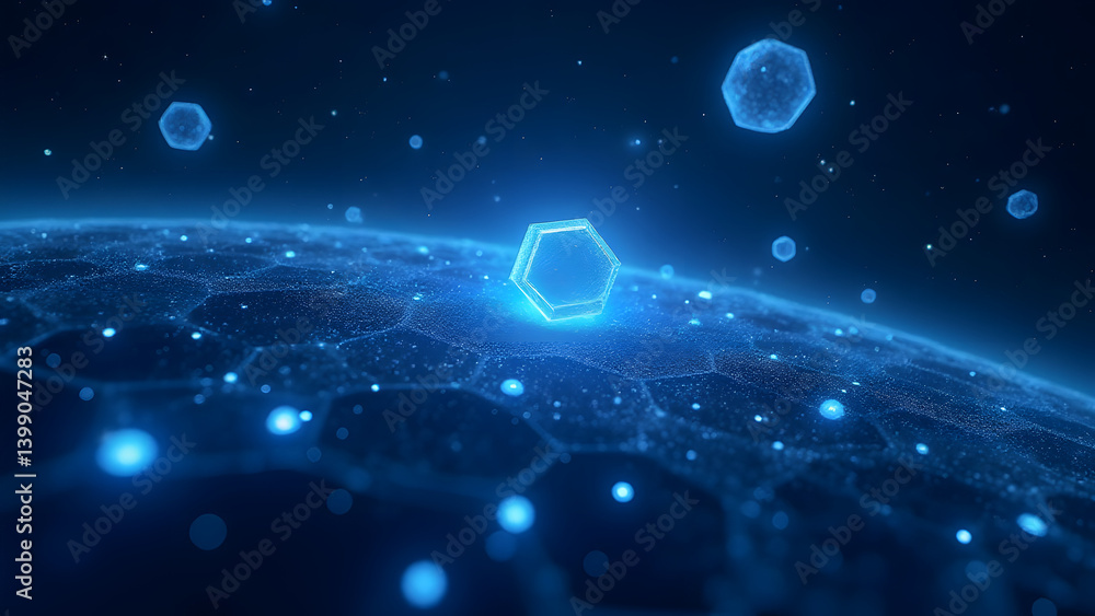 Aufkleber blockchain galaxy with hexagonal planets and transaction comets. smart contract runes orbit validato