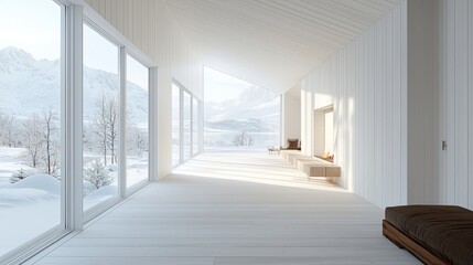 Bright and Spacious Modern Interior with Scenic Winter Landscape View