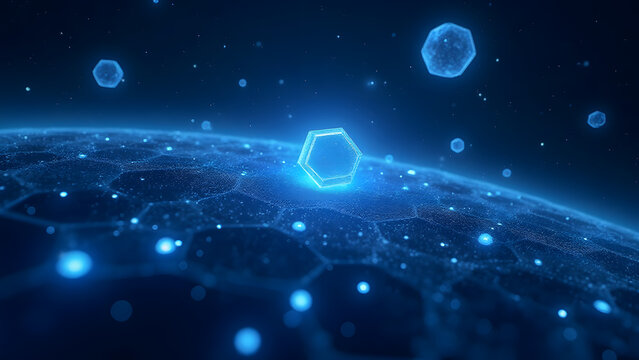 Blockchain galaxy with hexagonal planets and transaction comets. Smart contract runes orbit validator node stars in ultra-HD.