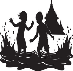 Children playing in water splash with on white background
