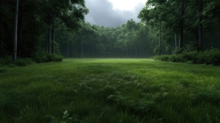 Obraz premium Lush green meadow bathed in soft light, enveloped by a misty forest