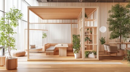 Modern Office Space Concept with Enclosed Booths and Open Lounges, Featuring Wood Textures and Botanical Accents