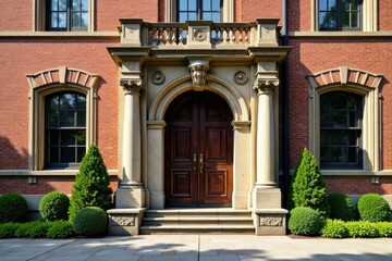 Brick and stone fa?ade with a large stone entrance and ornate details, office building classic architecture, architectural style