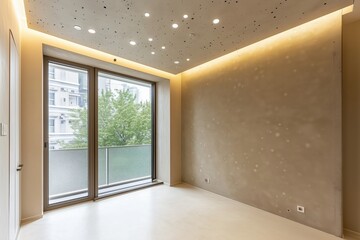 Sala de estar minimalista com paredes de concreto aparente, iluminação embutida no teto, janelas amplas com vista urbana e decoração neutra, IA generativa