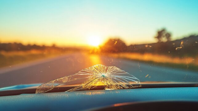 Side close-up of windshield with crack at the base near car's dashboard