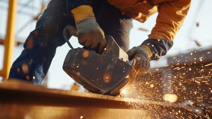 A Hispanic construction worker cutting through a steel beam with a power saw. Featuring expertise and control