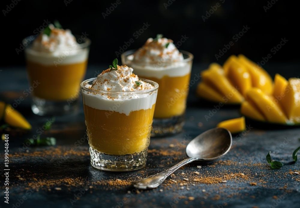 Poster Delicious Mango Dessert Cups with Cream and Garnish in an Elegant Setting on a Dark Background