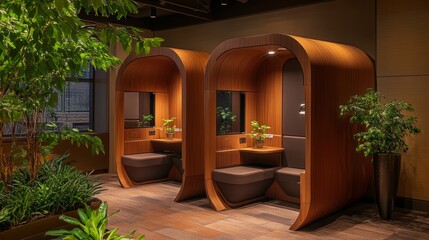 Modern Workspace with Acoustic Phone Booths, Natural Light, and Greenery