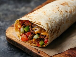 Juicy Beef Burrito on Wooden Board.