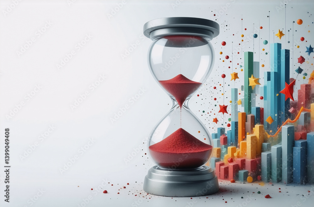 Poster an hourglass with red sand stands next to vibrant, colorful bar graphs. time and data are visually c