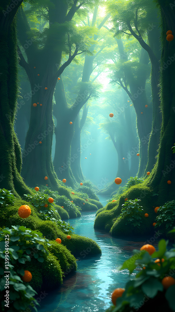 Aufkleber bio-digital rainforest with dna trees and neural pollen. circuit terrain with data rivers in globall
