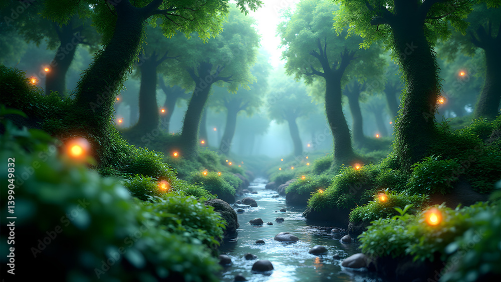Aufkleber bio-digital rainforest with dna trees and neural pollen. circuit terrain with data rivers in globall