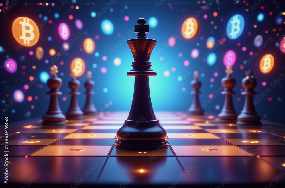 Poster futuristic neon chessboard with chess pieces. bitcoin symbols float in the background, creating a di