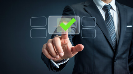 businessman pressing virtual accept button