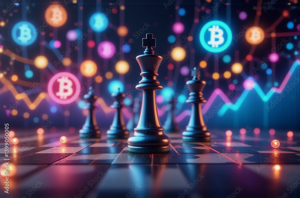 Poster chess pieces strategically placed on a chessboard with glowing bitcoin symbols and graphs in the bac