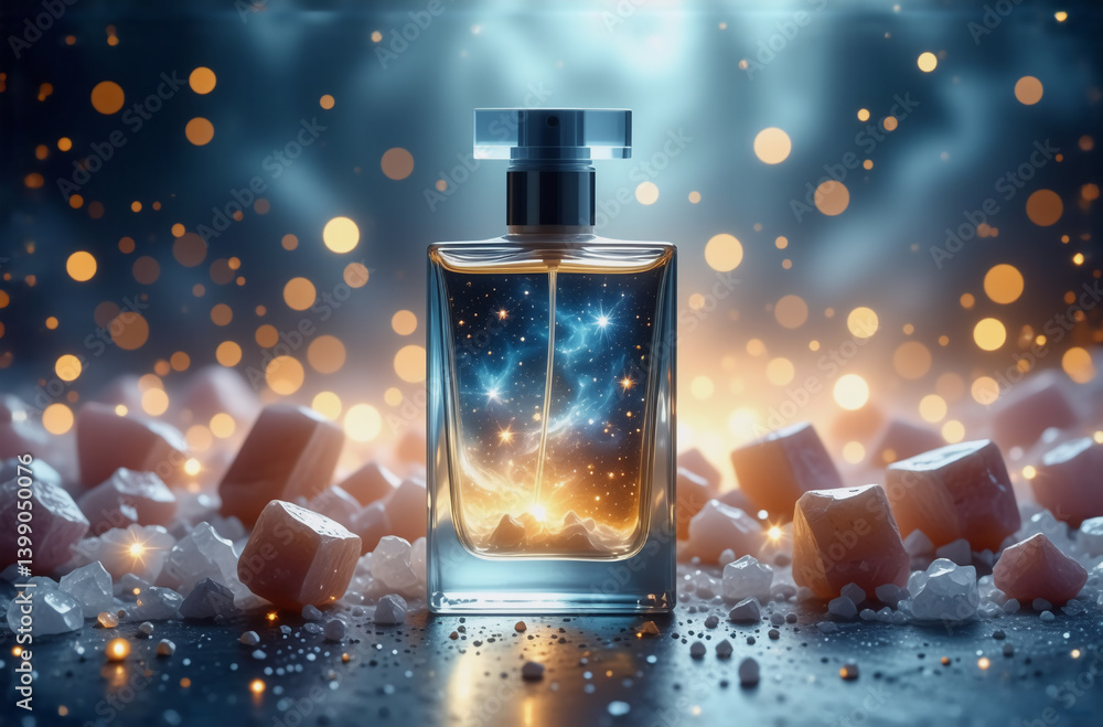 Poster a perfume bottle holds a galaxy, placed amidst ice cubes. bokeh lights sparkle in a dark setting, cr