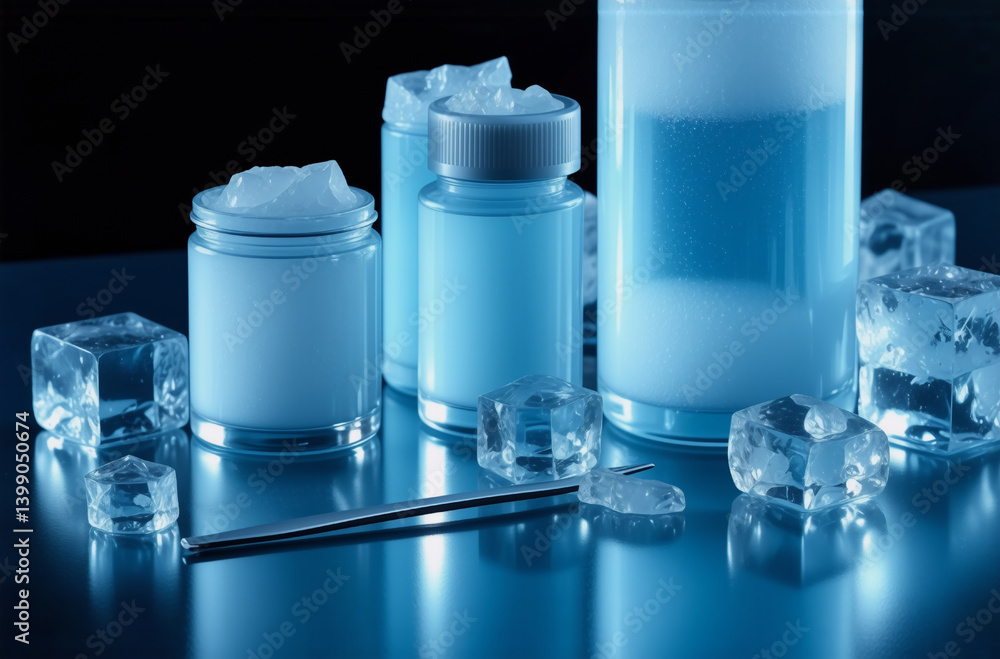 Poster cosmetic products in assorted containers are displayed with ice cubes on a shiny surface under a coo