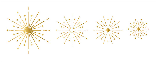 Set of fireworks icons. Set of thin line fireworks vector icons in gold on white